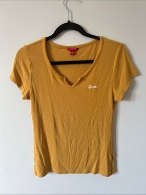 GUESS Women's Mustard Yellow V-Neck Short Sleeve Tee